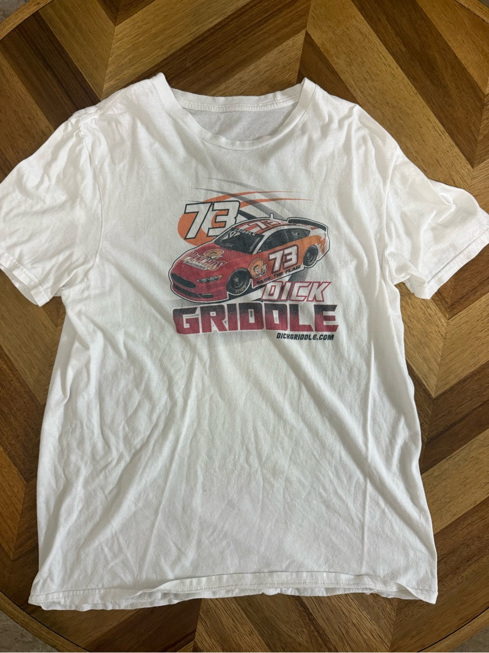 Dick Griddle Men's Graphic Race Car T-Shirt - White with Orange/Red Print